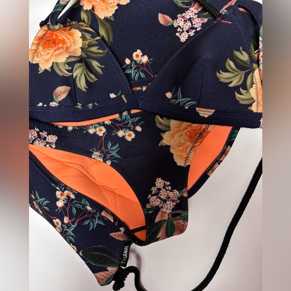 Triangl Swimwear Floral Bikini with Orange and Navy Print & Matching Bag - Picture 1 of 12